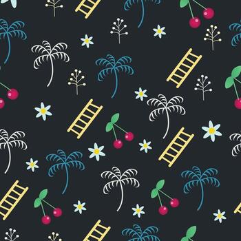 a pattern with cherries, palm trees and ladders vector