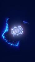 Abstract blue energy burst forming a dynamic shape in space, with glowing particles and wave-like symmetry video