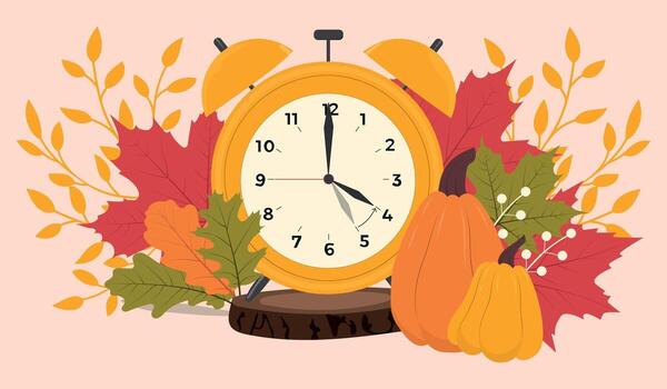Clock on a wooden log with space for text on a background of fall leaves. vector