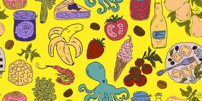 a colorful pattern of fruit and vegetables on a yellow background vector