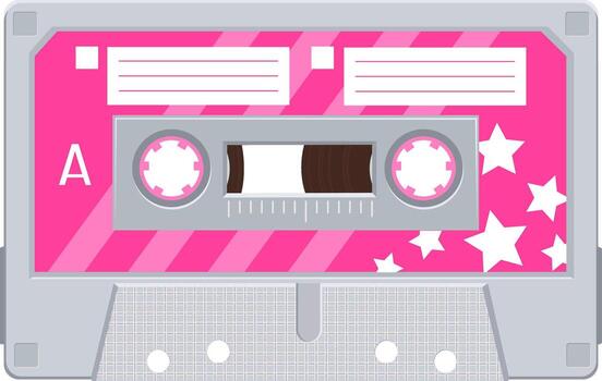 Pink and grey audio cassette adorned with white stars and blank labels, capturing nostalgia and evoking memories of music and retro technology from the vibrant 80s and 90s vector