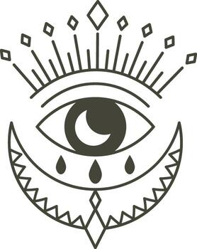 Minimalist esoteric linear drawing featuring an all seeing eye shedding tears within a crescent moon, embellished with diamonds and stylized sunbeams, reflecting spirituality and intuition vector