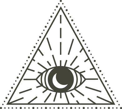 Minimalist illustration featuring an all seeing eye with a crescent moon pupil inside a triangle. Radiating light beams and surrounded by dots. Symbolizing spirituality and esoteric knowledge vector