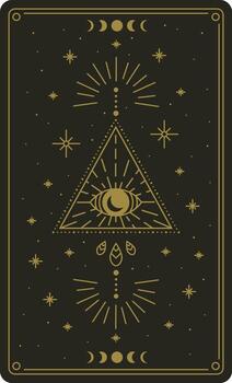 Golden esoteric drawing representing a tarot card with an eye inside a triangle, moon phases, stars, and radiating light beams, creating a mystical and magical atmosphere vector
