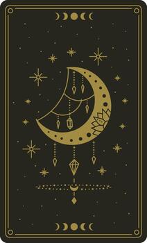 Mystical golden crescent moon decorated with hanging crystals and moon phases on a dark background, creating a magical and celestial atmosphere vector