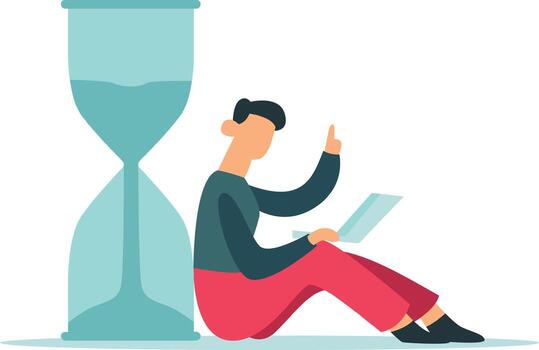 Efficient freelancer sitting on floor with laptop having an idea while managing time effectively near a big hourglass symbolizing deadline and time management vector