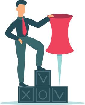 Businessman standing on pedestal made of blocks with check and cross marks, holding giant push pin, symbolizing making important decision, choosing right answer, achieving goal, or marking location vector