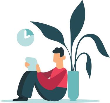 Freelancer managing time effectively while working from home, utilizing a tablet beside a plant, embodying the concepts of productivity and efficient time management vector