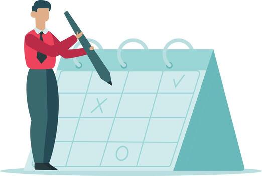 Businessman holding a large pencil is marking and checking dates and deadlines on a giant desktop calendar, planning and scheduling future appointments vector