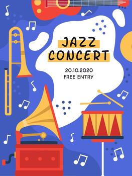 Colorful jazz concert poster featuring various instruments like guitar, trombone, drum, and gramophone, promoting a free entry event on a specific date with musical notes scattered around vector