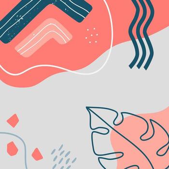 Modern and vibrant abstract background featuring tropical leaves, geometric shapes, and organic forms, creating a dynamic and artistic composition in pink, grey and dark blue vector