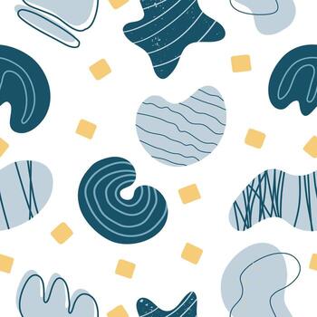 Seamlessly patterned organic shapes in blue and yellow hues create a modern, artistic design with abstract expressionism, ideal for backgrounds and textiles vector