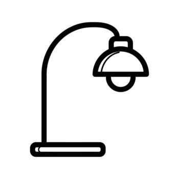 Black outline shows a curved desk lamp with a round shade on white background vector