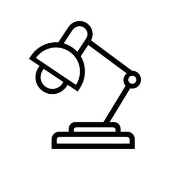 Black outlined desk lamp features an adjustable arm, shade, and base on white background vector