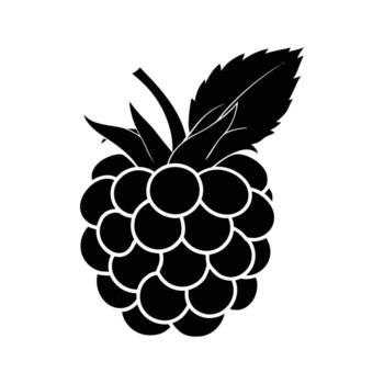A simple black and white raspberry with leaves sits on a transparent background vector