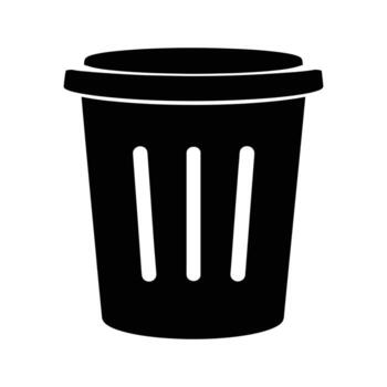 An isolated monochrome black trash can with vertical opening is presented, on transparent background vector