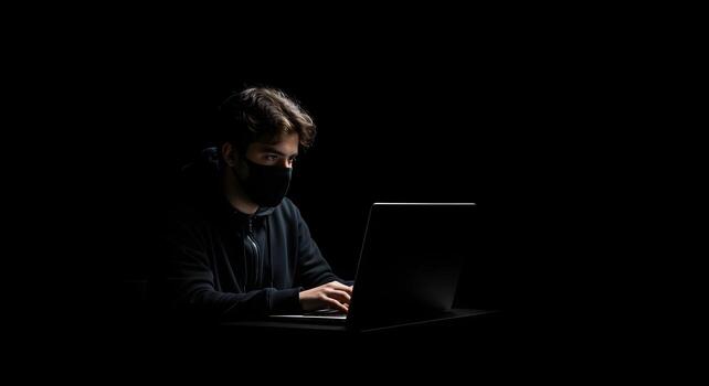 Mysterious hacker in hoodie using a laptop on a dark background, perfect for cybersecurity, data breach, or digital threat concepts. photo