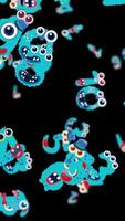 Colorful blue monsters with expressive faces animate dynamically against a dark background, creating a lively and playful atmosphere video