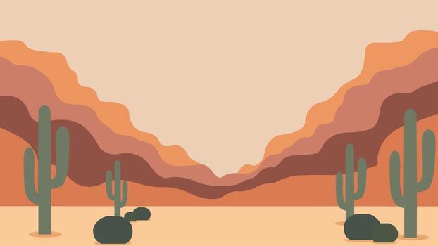 Desert scene with layered canyon cliffs, flat horizon, and multiple cacti, designed in a minimalist style that captures the warm and dry atmosphere of the desert. vector