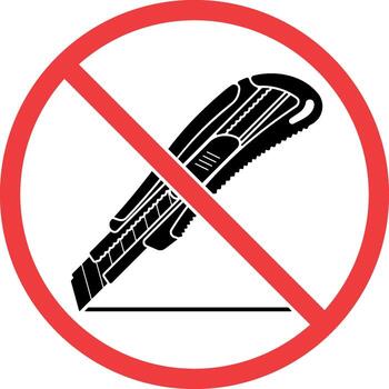Black icon of a retractable utility knife with segmented blade crossed out in a red prohibition circle, without background vector