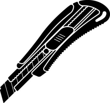 Black icon of a retractable utility knife with segmented blade and slider, used for cutting paper or cardboard, without background vector