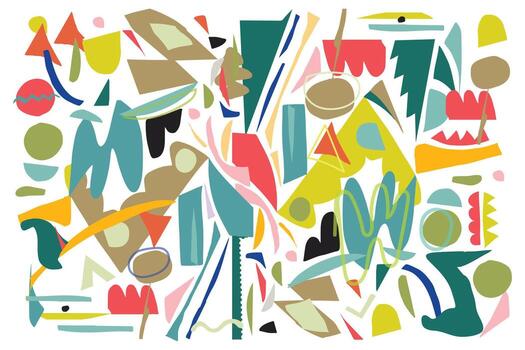 un vibrante resumen composición presentando vistoso formas y patrones, incluso triangulos, círculos, y orgánico formas en un blanco fondo, repetir superficie diseño vector