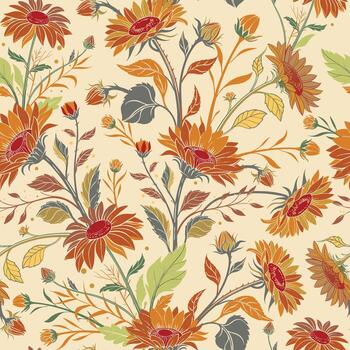 Seamless pattern featuring sunflowers with sharp, layered petals in Red and Green, placed on a warm beige background vector