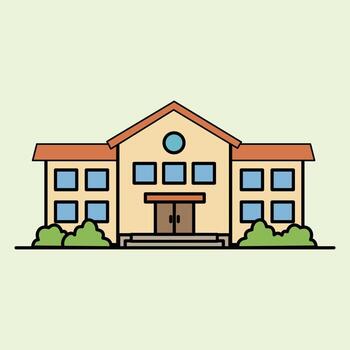 Illustration of a school building with a simple design, symmetrical windows, a red triangular roof, and green bushes in the foreground, depicting a friendly educational environment. vector