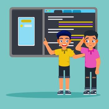 Two friendly male figures, explain the code, their faces lit with genuine warmth and approachability, wave in a welcoming gesture. vector