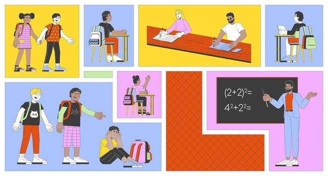 Children going to school and engaging in learning bento grid illustration set. Students studying with peers 2D image collage design graphics collection. Diverse flat characters moodboard layout vector