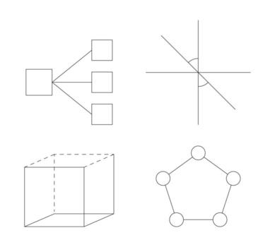 Educational schemes and geometric shapes 2D line objects set. Mathematical, STEM education notation isolated ink outline items. Monochrome spot illustrations collection vector