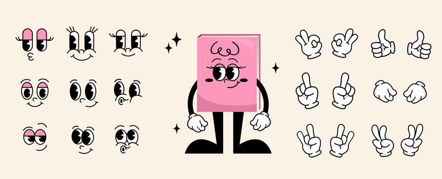 Editable cartoon elements for character pink book with glasses Groovy set of faces and hands to create your own expressions. Animated stickers, DIY projects, kids games, educational apps, customizable vector