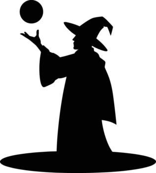 Silhouette of a Wizard in a Pointed Hat Casting a Spell with a Glowing Orb magic vector
