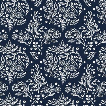 Damask, floral hand drawn seamless, pattern. simple meadow flower botanical texture for rustic textile vector