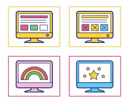 Colorful cartoon computers displaying different icons and designs with soft lines and shapes vector