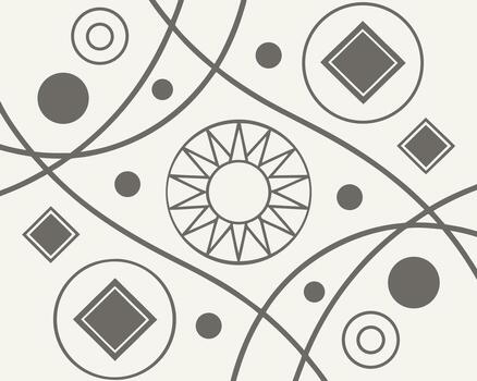 Modern abstract design with geometric shapes circles diamonds sunburst pattern and flowing lines on a beige background vector