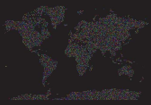 Multicolour dotted world map is a stunning visual journey. With round shapes and minimalist style, it highlights each country on Earth with colourful accuracy and abstract design. vector