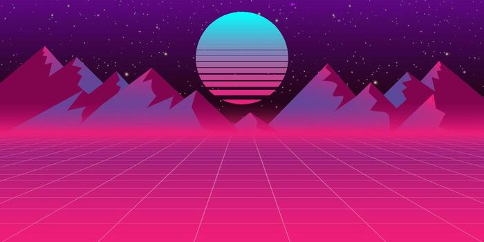Retro neon background with styled laser grid and stars from vintage arcade computer games vector