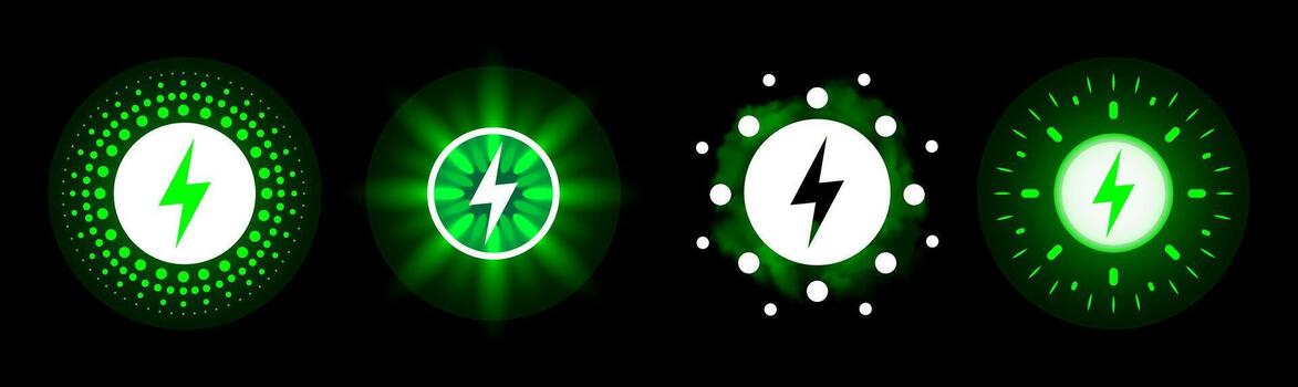 Neon green wireless charging icons set on dark background. Glowing symbols with lightning bolts and different circle pictograms. Mobile battery charger tech application indicators interface design vector