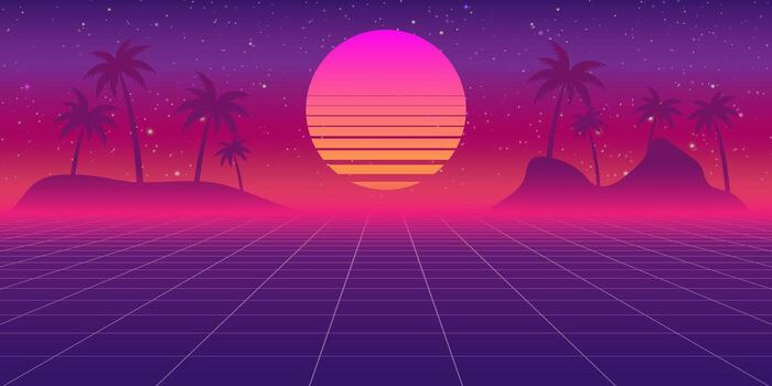 Retro neon cool background with 80s styled laser grid and stars from vintage arcade computer games vector