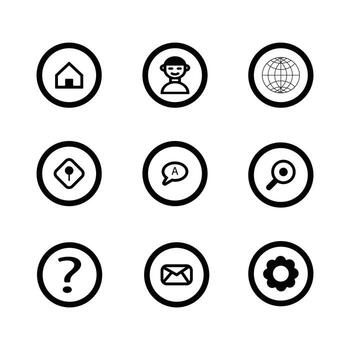 conjunto de minimalista negro íconos representando usuario, hogar, globo, engranaje, buscar, correo electrónico, y más, adjunto en circular marcos Perfecto para web diseño, móvil aplicaciones, y usuario interfaz elementos. vector