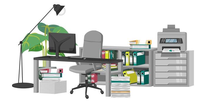 Office setup for home office work from home or freelancer manger with bookshelf table chair pc computer files folder book on white background and with cabinet printer houseplant vector