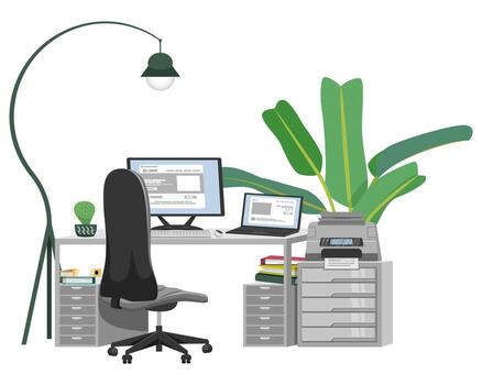 Office setup for home office work from home or freelance project with bookshelf table chair pc computer files folder book on white background and with cabinet printer houseplant vector