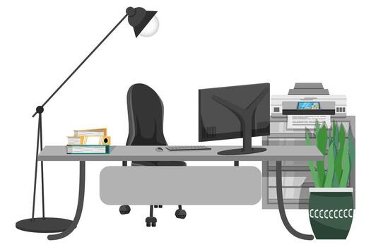 Office setup for home office work from home or manger executive customer relation with table chair pc computer files folder book and with printer houseplant vector