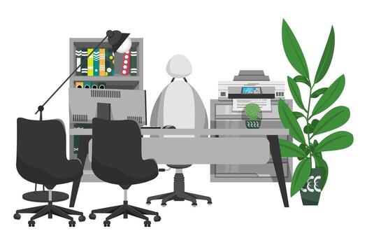 Office setup for home office work from home or freelancer manger executive customer relation with bookshelf table chair pc computer files folder book and with cabinet printer houseplant vector