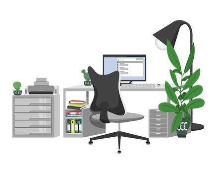Office desk setup for home office work from home or freelance with bookshelf table chair pc computer files folder book on white background and with cabinet printer houseplant vector