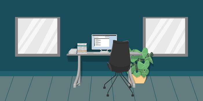 Office desk home office for work from home with table chair pc computer files on room background vector