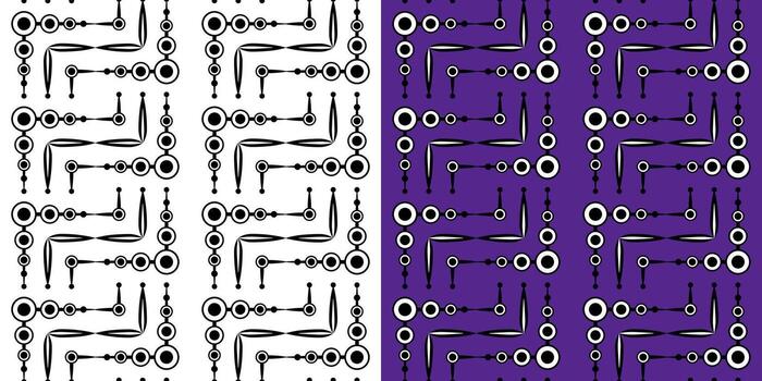 Set of monochrome abstract geometric seamless pattern. Black circle and curved lines. Complicated zigzag background. Clear strict ornament vector