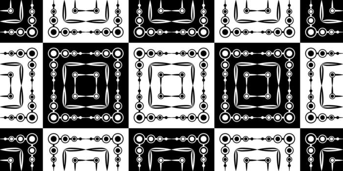 Monochrome checkered geometric seamless pattern. Black and white squares with a pattern. Mosaic square tile. Complicated texture chess square background. Clear strict ornament for web, textile, etc. vector