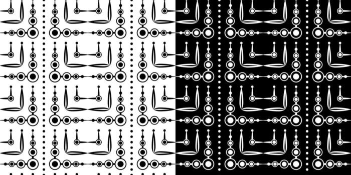 Monochrome abstract geometric seamless pattern. Black circle and curved lines. Mosaic square tile. Complicated texture black and white background vector